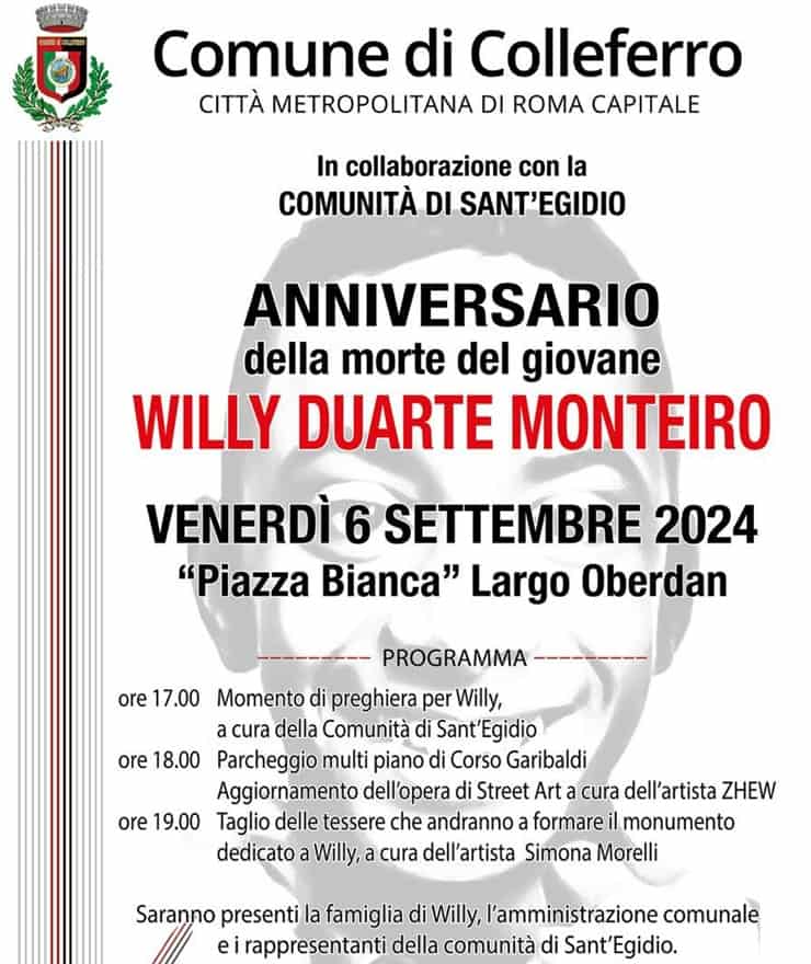 Commemorazione per il quarto anniversario dell’omicidio di Willy Monteiro Duarte a Colleferro